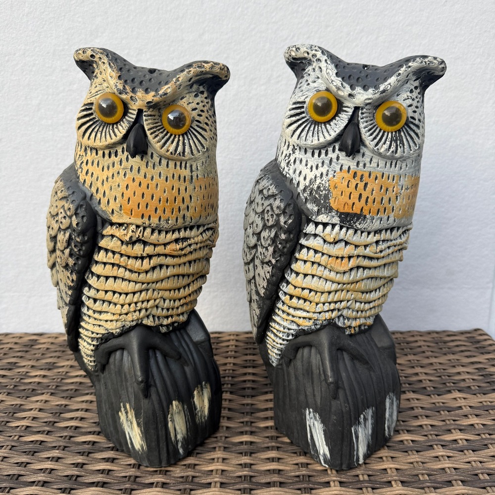 Pair 14" Owl Decoy Garden Scare Bird Deterrent Hollow Plastic Yellow Eyes